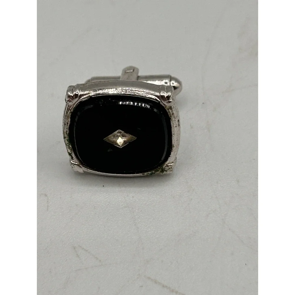 VIntage Shields Mens Cufflinks & Tie Tack‎ Black Glass Diamond Chip Silver Tone